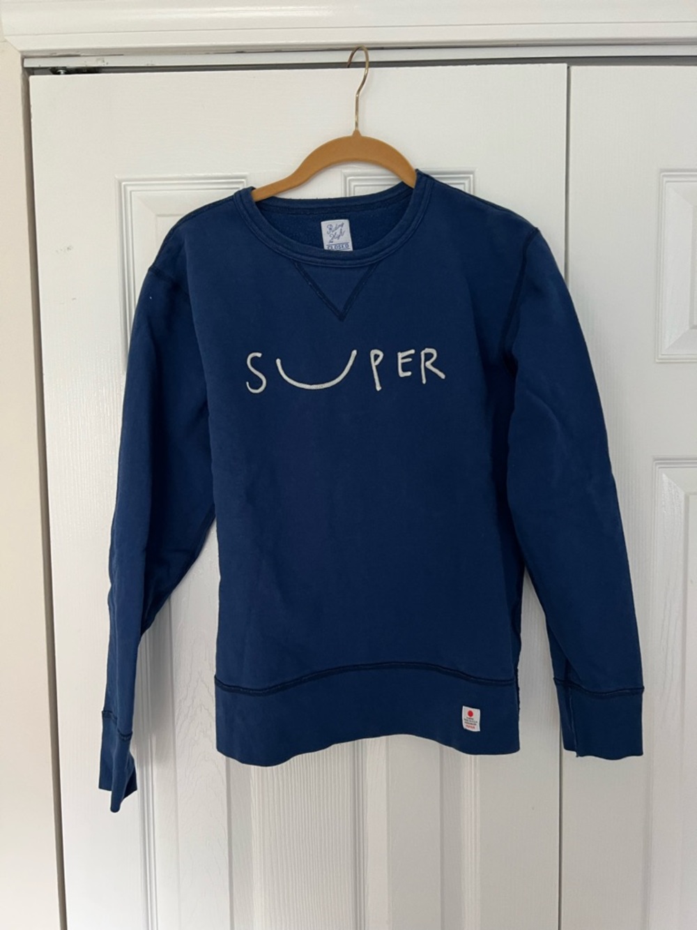 CLOSED Blue Crewneck Sweatshirt  "SUPER"  embroidered across chest Small NWOT
